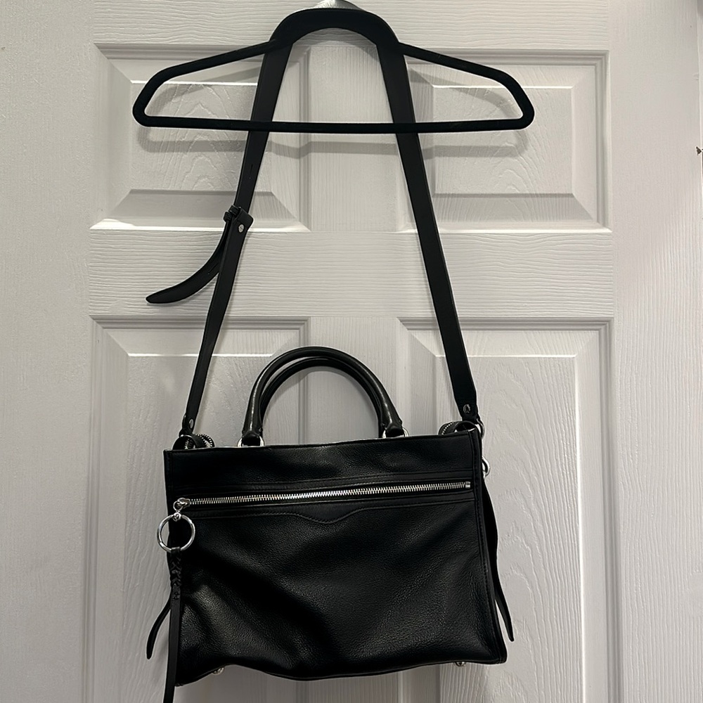 Rebecca Minkoff Bedford Zip Satchel Crossbody Black Leather and Silver Hardware